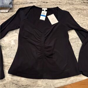 A.L.C. Black Ruched V-Neck Long Sleeve Top